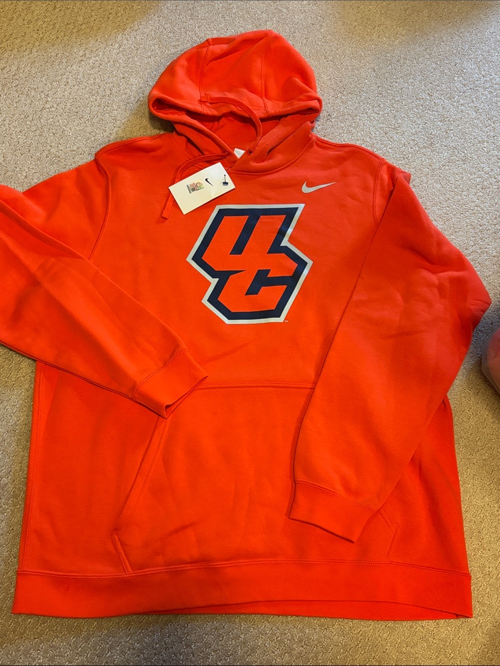 Nike Men's Bright Orange Hooded Sweatshirt with Navy Graphic